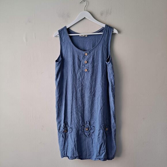 Firenze In Maglia Tank Dress 100% Linen Sleeveless Scoop Neck Mini Blue Size L - Picture 3 of 11